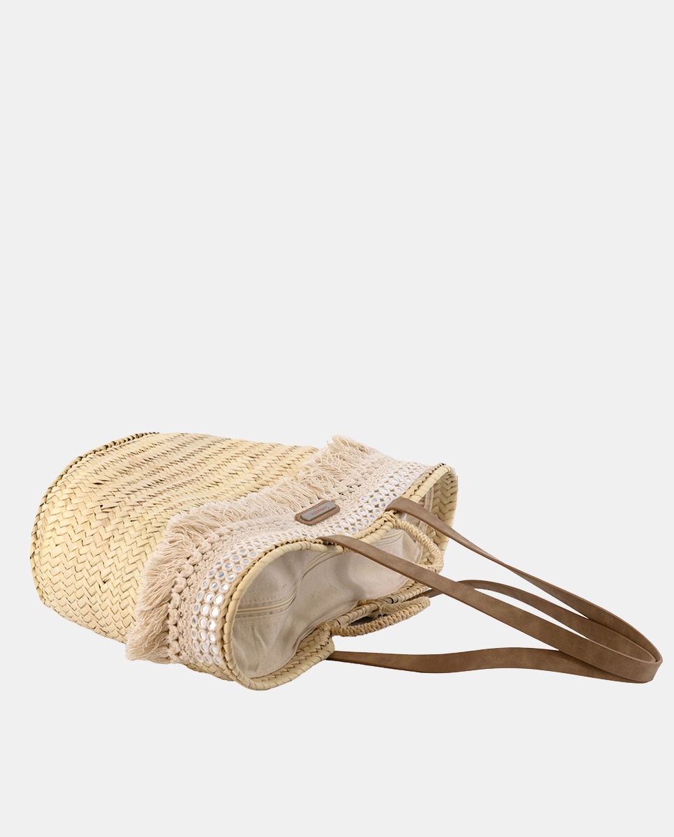 Cesta Grande de 10 Voltas de Palma Natural Combinada com Franjas e Espelhos Bege-3