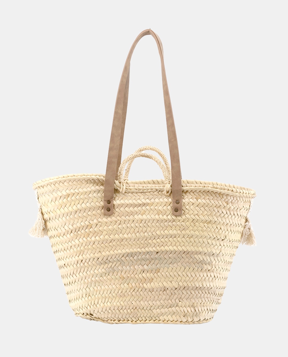 Cesta Grande de 10 Voltas de Palma Natural Combinada com Franjas e Espelhos Bege-4