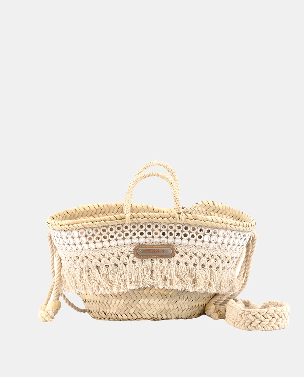 Cesta Pequena de 5 Voltas de Palma Natural Combinada com Franjas e Espelhos Bege-1