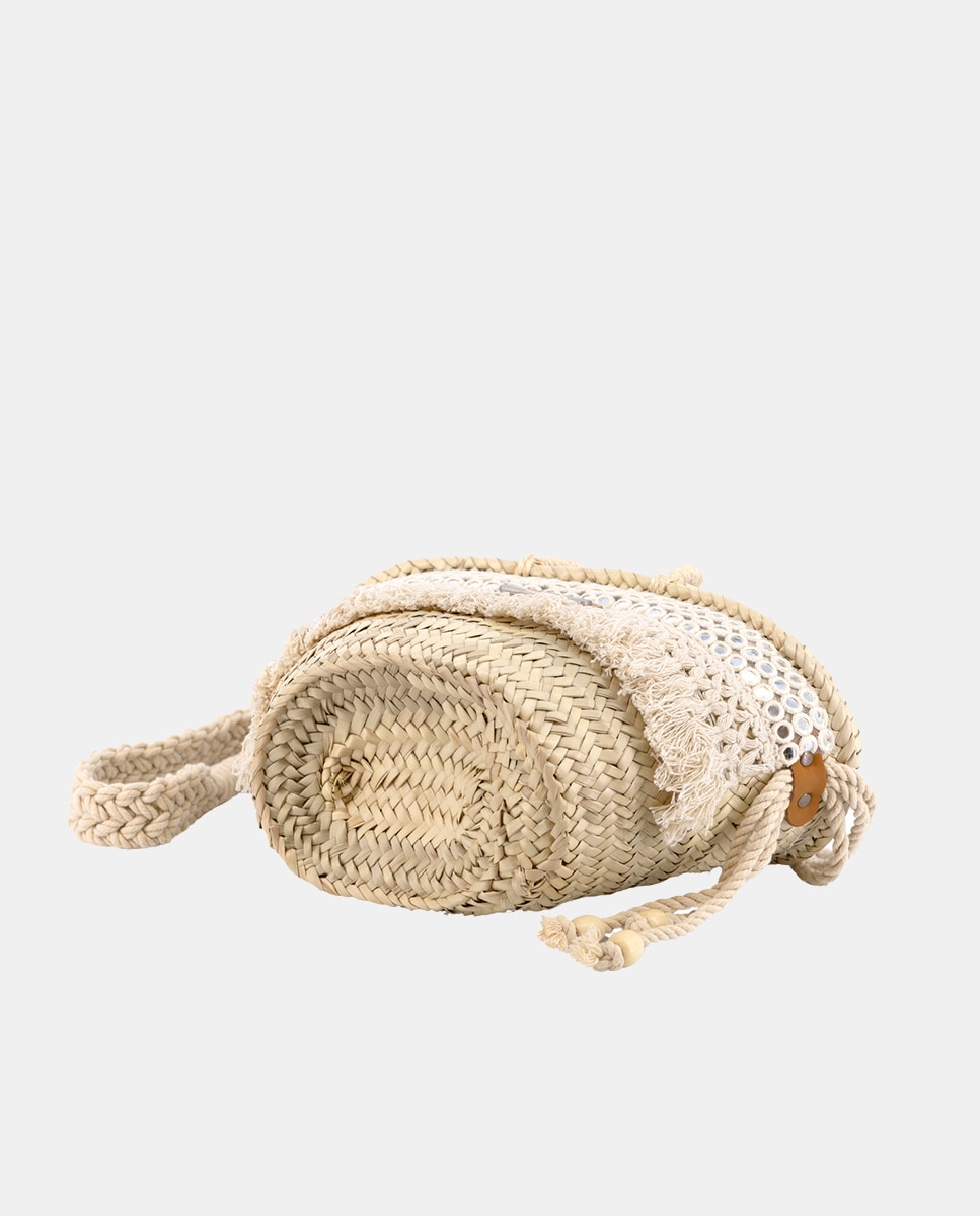 Cesta Pequena de 5 Voltas de Palma Natural Combinada com Franjas e Espelhos Bege-4
