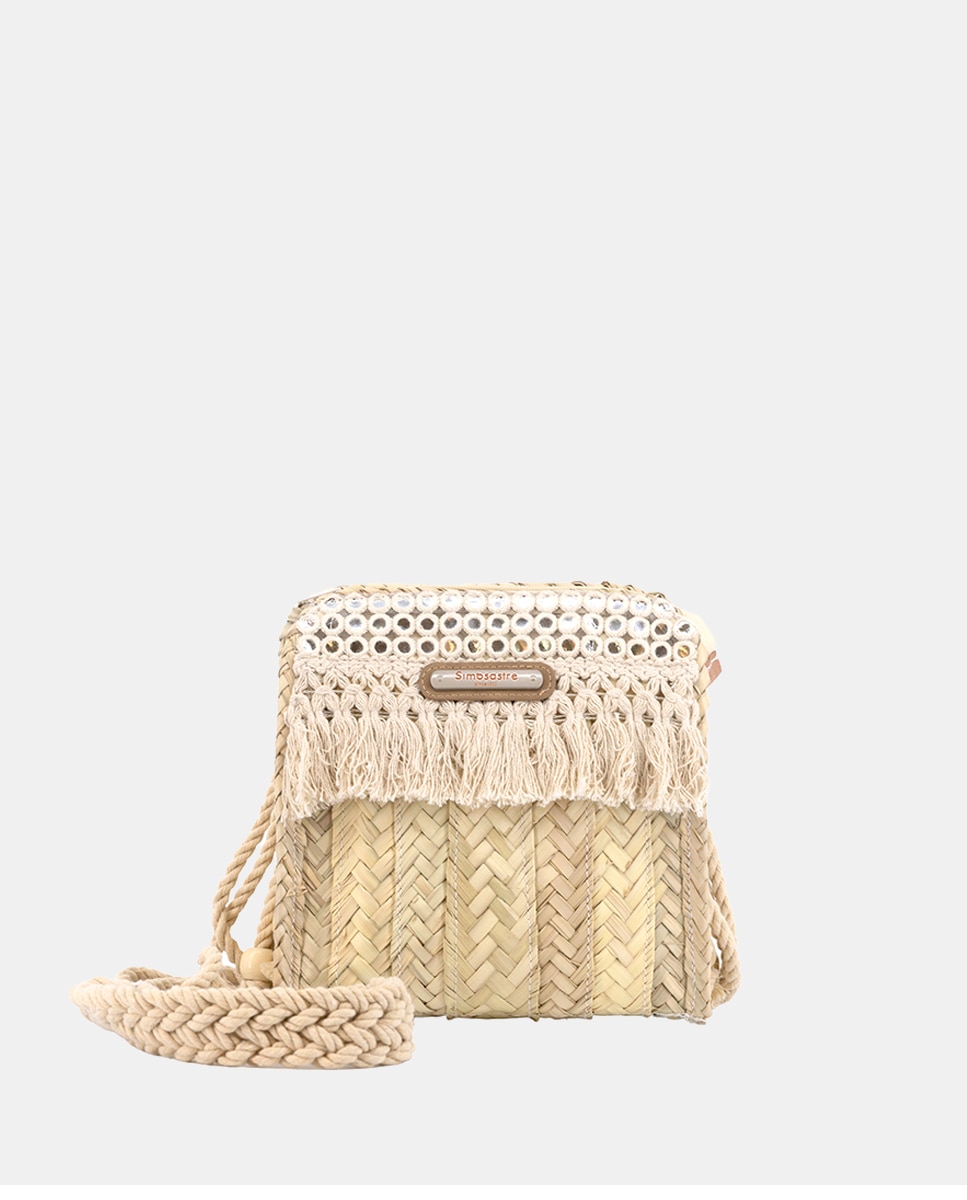 Mala Pequena de Palma Natural Cosida Combinada com Franjas e Espelhos Bege-1