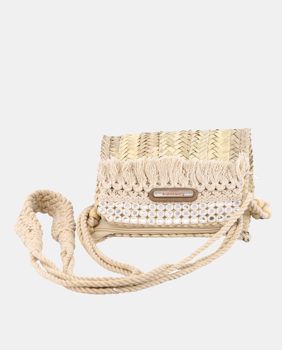 Mala Pequena de Palma Natural Cosida Combinada com Franjas e Espelhos Bege-3