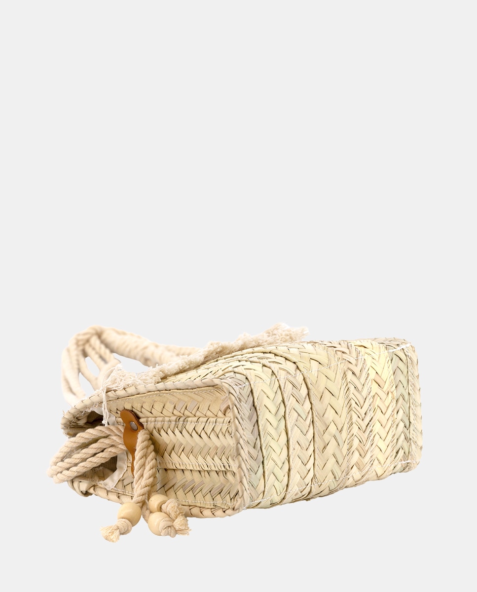 Mala Pequena de Palma Natural Cosida Combinada com Franjas e Espelhos Bege-4