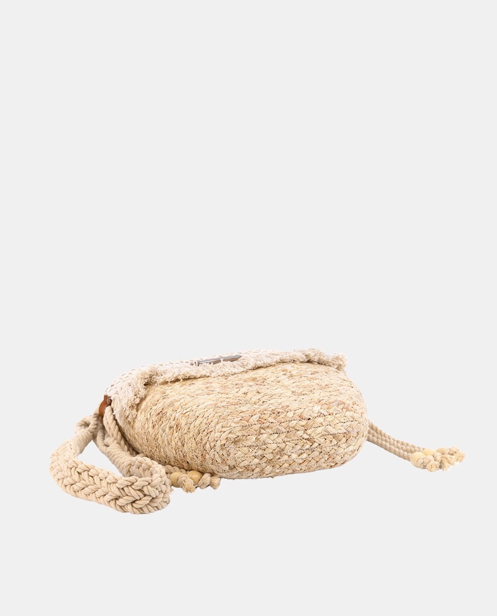Mala Pequena de Folhas de Milho Combinadas com Franjas e Espelhos Bege-4