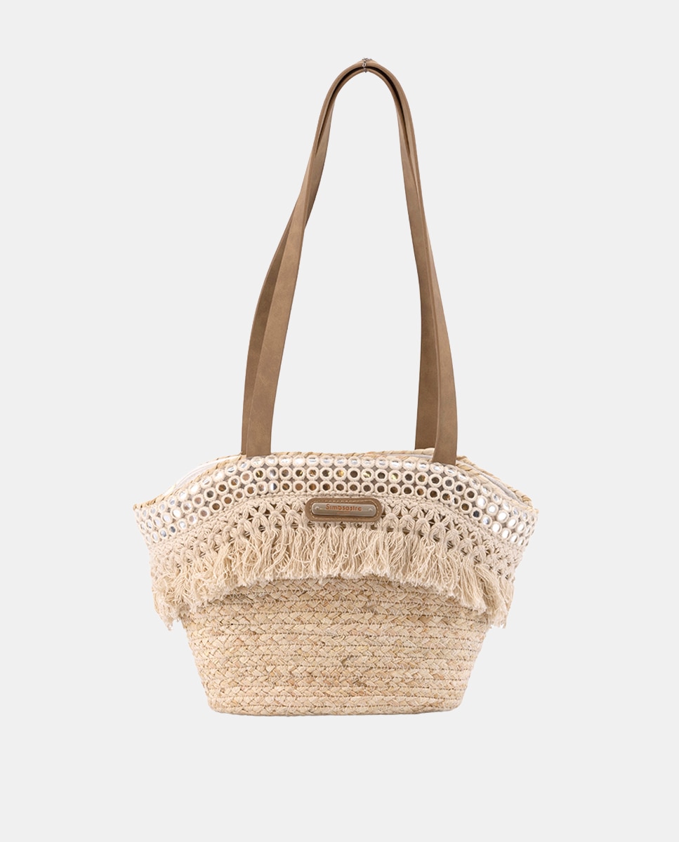 Cesta Média de Folhas de Milho Combinadas com Franjas e Espelhos Bege-1