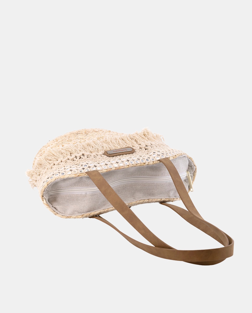 Cesta Média de Folhas de Milho Combinadas com Franjas e Espelhos Bege-2