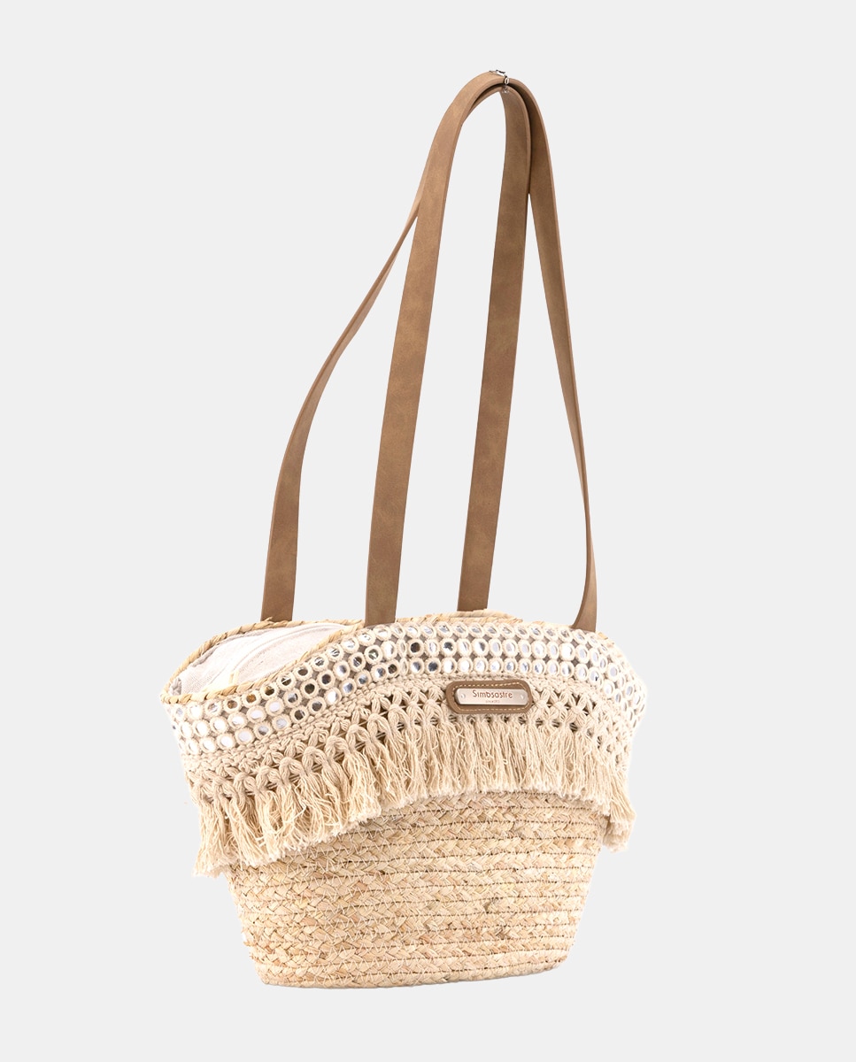 Cesta Média de Folhas de Milho Combinadas com Franjas e Espelhos Bege-3