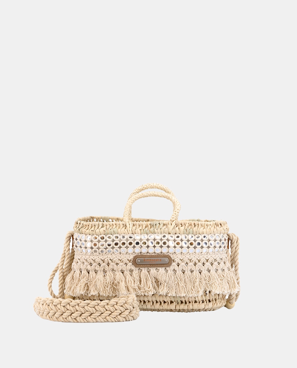 Mini Mala de Palma Natural Atada e Combinada com Franjas e Espelhos Bege-1