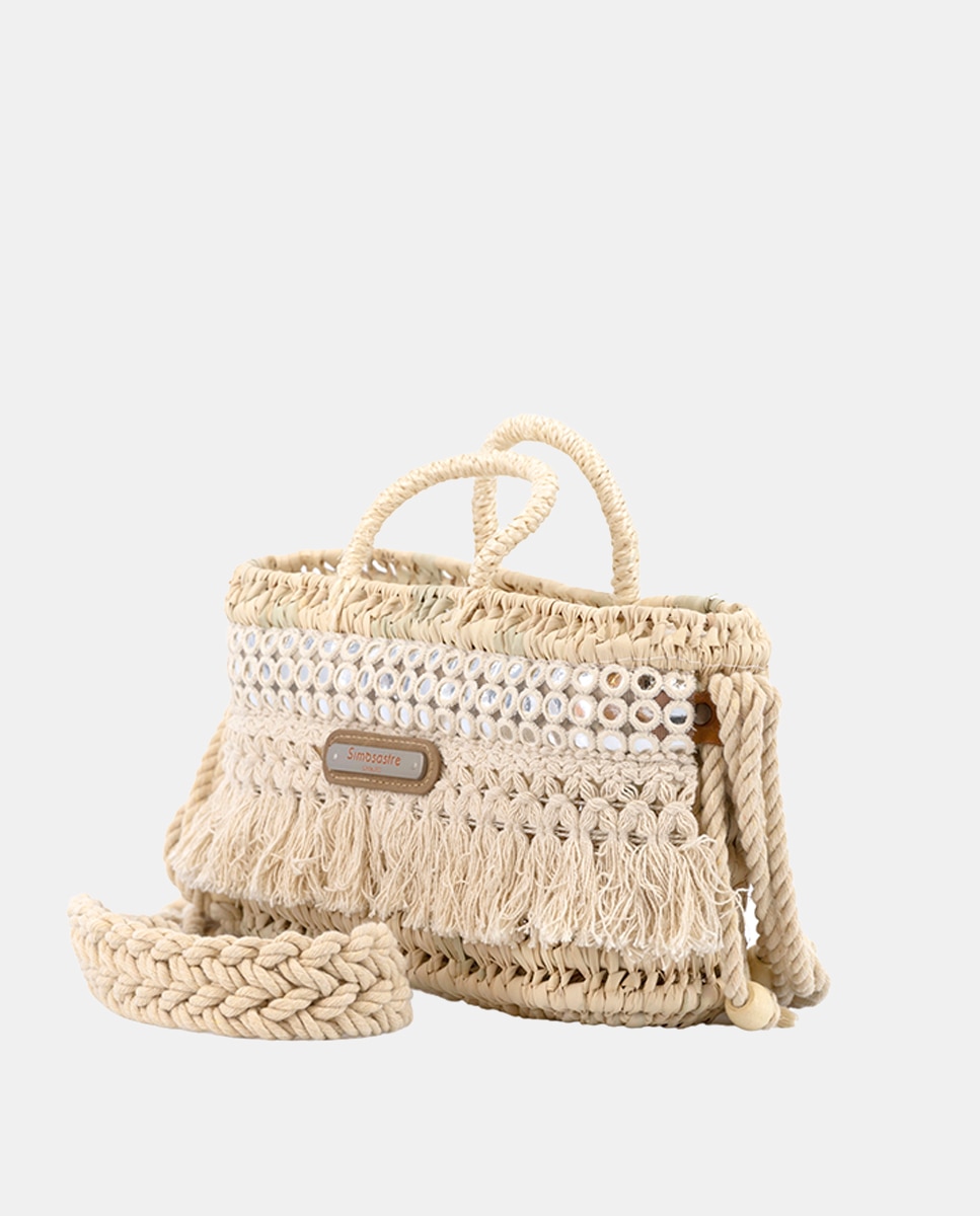 Mini Mala de Palma Natural Atada e Combinada com Franjas e Espelhos Bege-2
