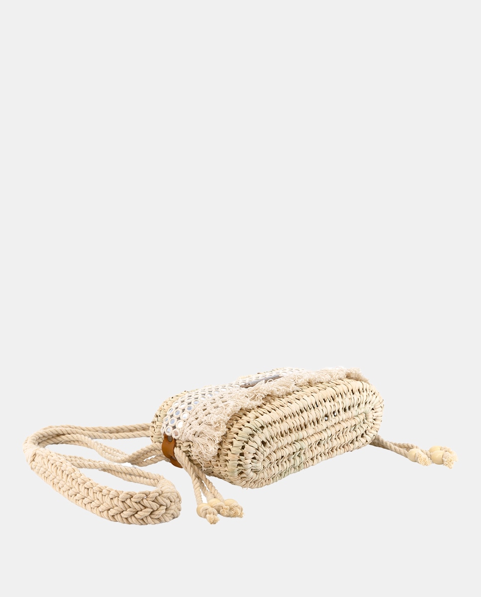 Mini Mala de Palma Natural Atada e Combinada com Franjas e Espelhos Bege-4