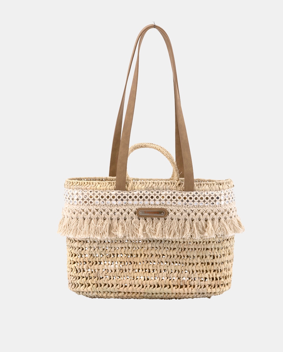 Mala Shopper de Palma Natural Atada e Combinada com Franjas e Espelhos Bege-1