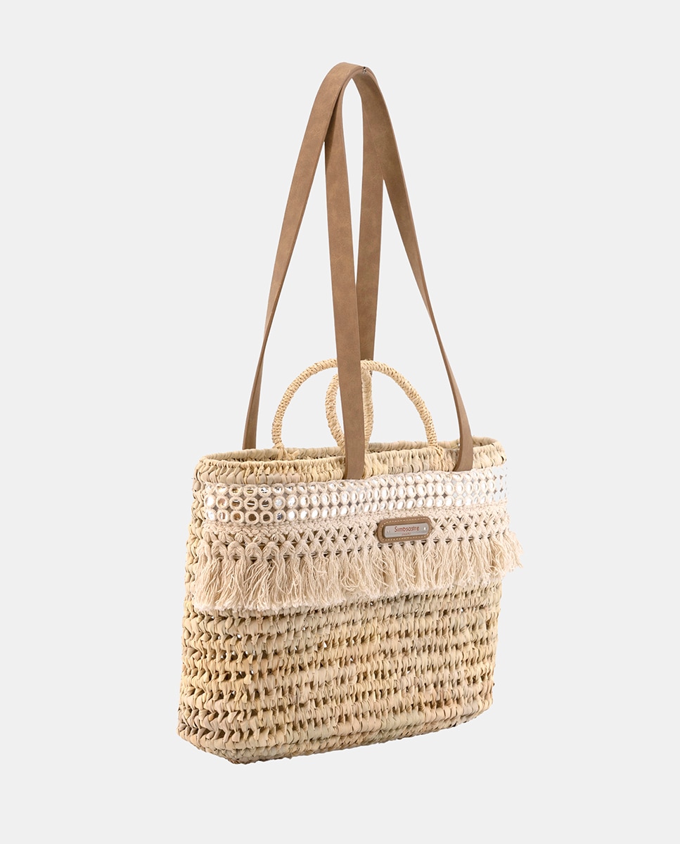 Mala Shopper de Palma Natural Atada e Combinada com Franjas e Espelhos Bege-2