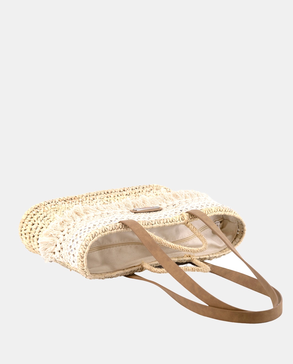 Mala Shopper de Palma Natural Atada e Combinada com Franjas e Espelhos Bege-3