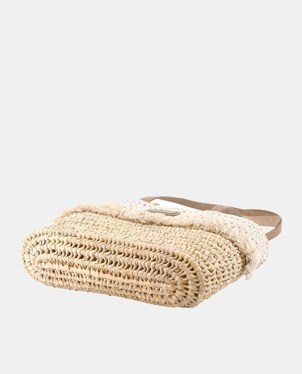 Mala Shopper de Palma Natural Atada e Combinada com Franjas e Espelhos Bege-4