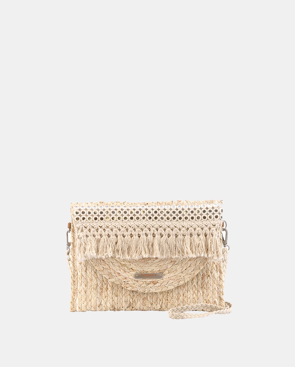 Cartera tipo sobre de hojas de maíz combinado con flecos y espejos - Simó Sastre - Beige Beige-1