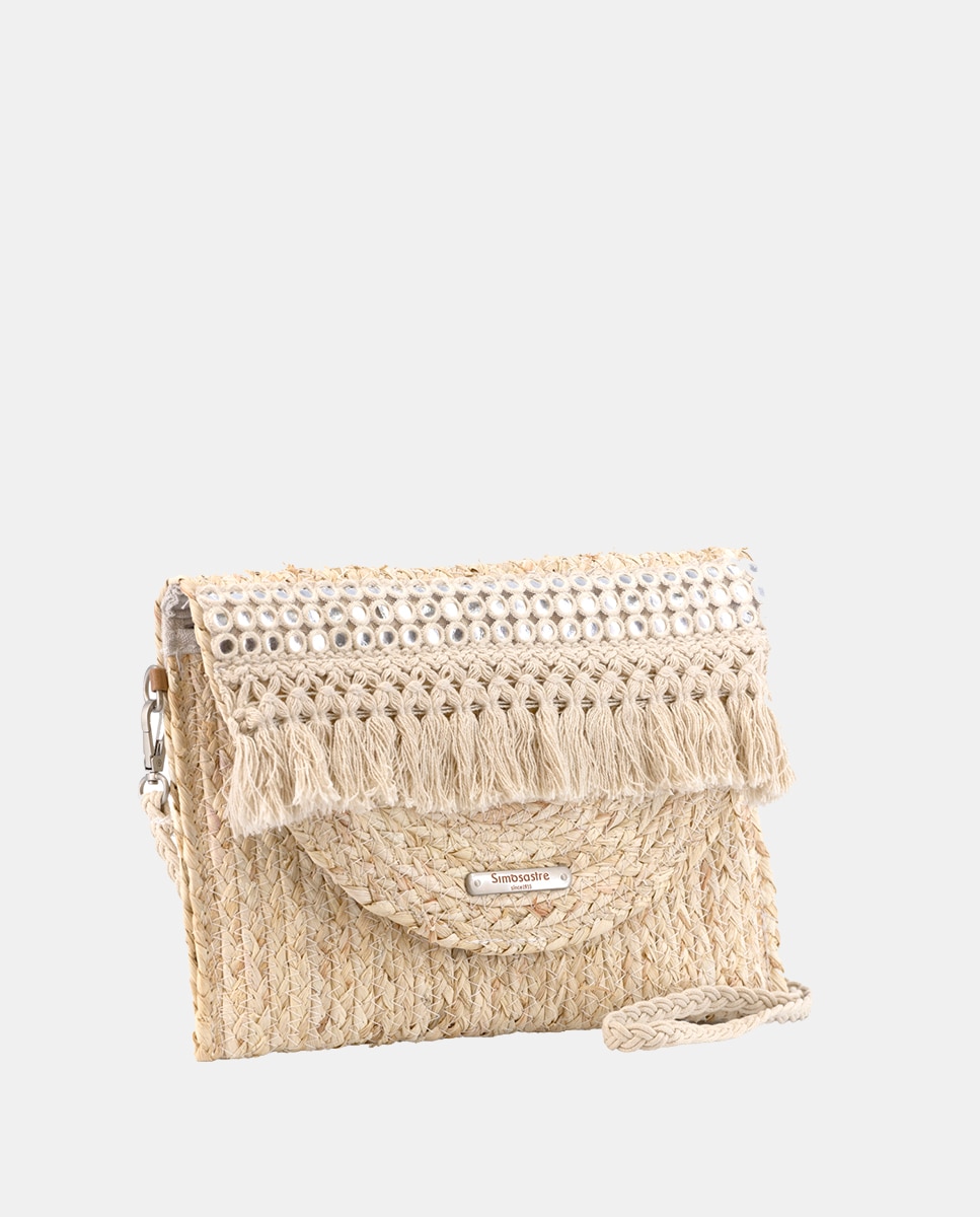 Cartera tipo sobre de hojas de maíz combinado con flecos y espejos - Simó Sastre - Beige Beige-2