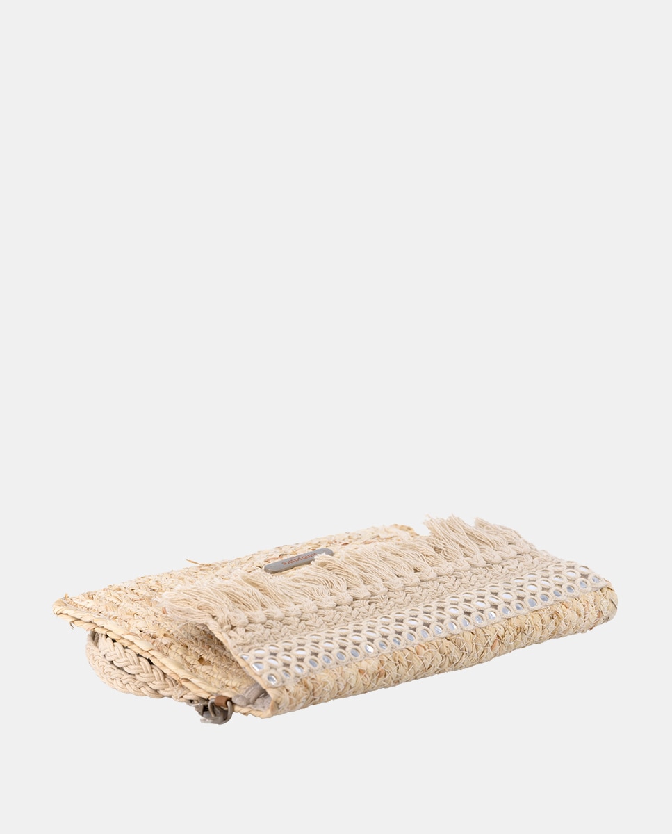 Cartera tipo sobre de hojas de maíz combinado con flecos y espejos - Simó Sastre - Beige Beige-3