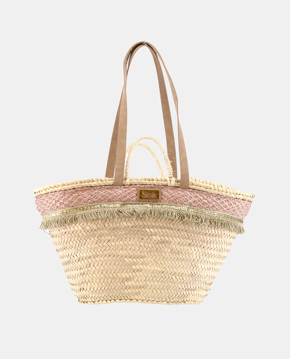 Cesta Grande de 10 Voltas de Palma Natural Combinada com Franjas e Ráfia Rosa-1