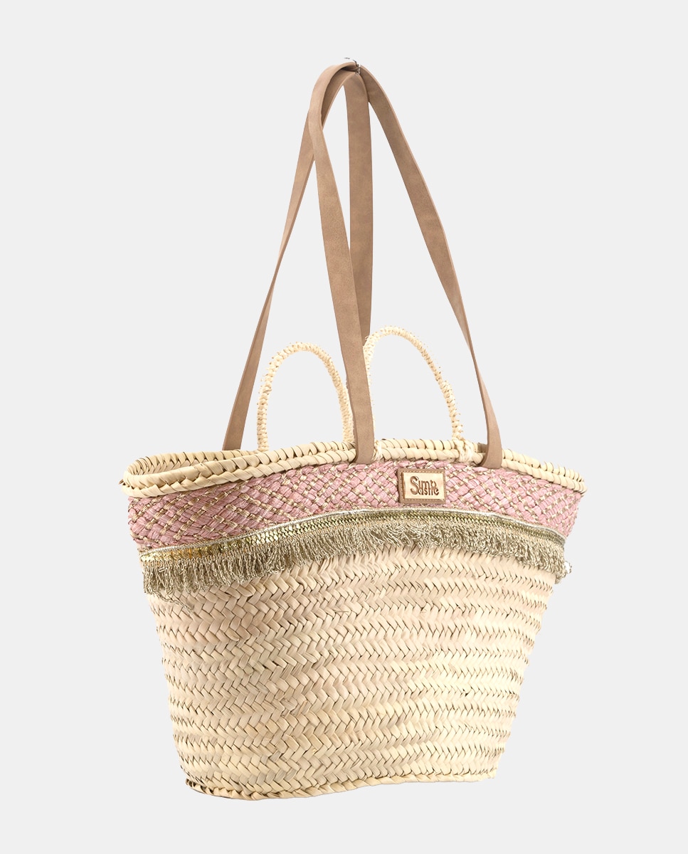Cesta Grande de 10 Voltas de Palma Natural Combinada com Franjas e Ráfia Rosa-2