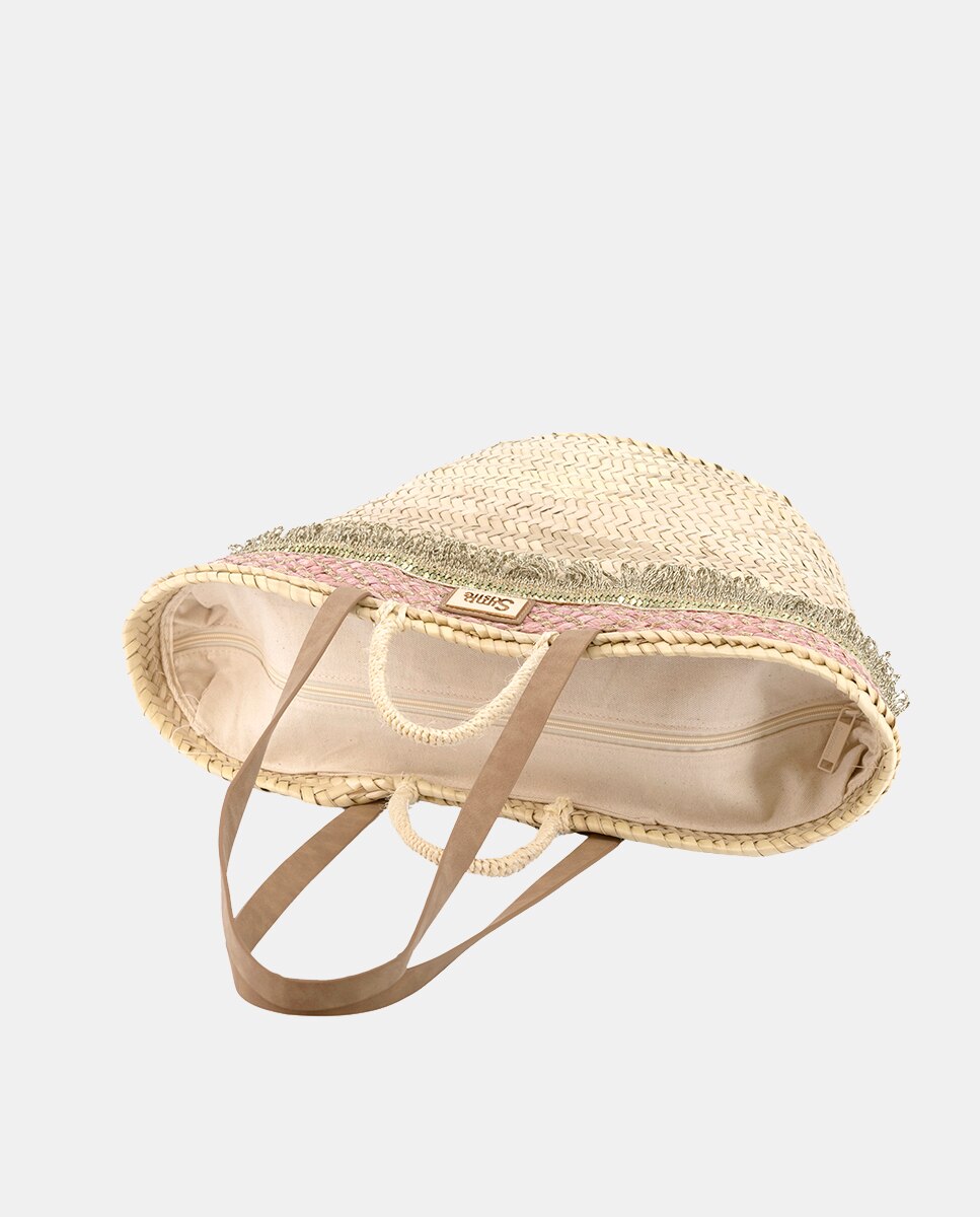 Cesta Grande de 10 Voltas de Palma Natural Combinada com Franjas e Ráfia Rosa-3