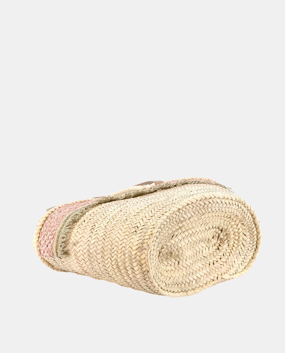 Cesta Grande de 10 Voltas de Palma Natural Combinada com Franjas e Ráfia Rosa-4