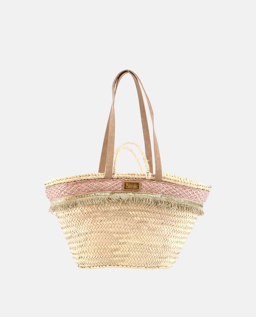 Cesta Média de 8 Voltas de Palma Natural Combinada com Franjas e Ráfia Rosa-1