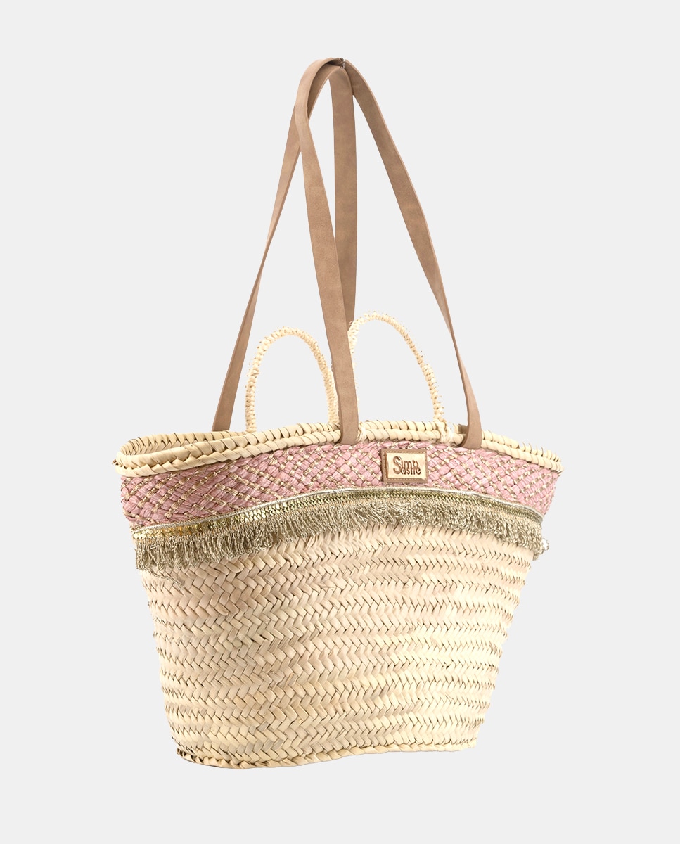 Cesta Média de 8 Voltas de Palma Natural Combinada com Franjas e Ráfia Rosa-2