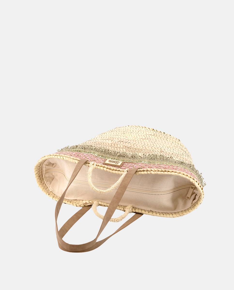 Cesta Média de 8 Voltas de Palma Natural Combinada com Franjas e Ráfia Rosa-3
