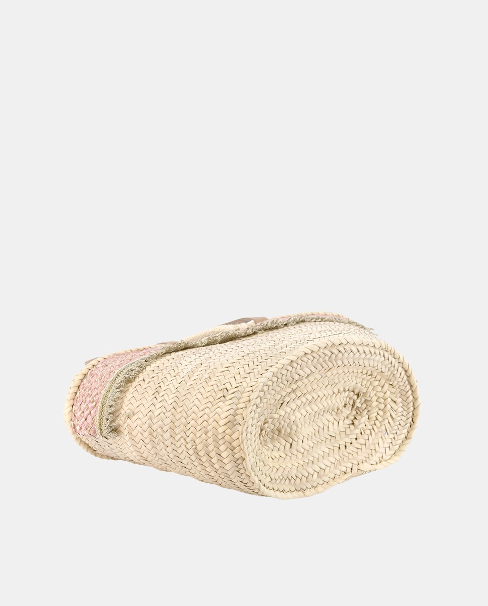Cesta Média de 8 Voltas de Palma Natural Combinada com Franjas e Ráfia Rosa-4