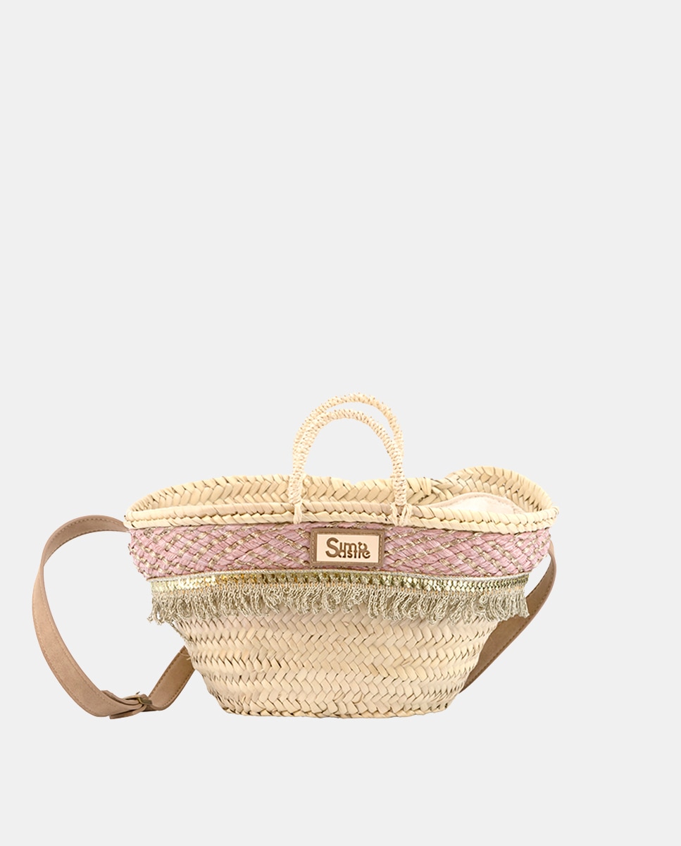 Cesta Pequena de 5 Voltas de Palma Natural Combinada com Franjas e Ráfia Rosa-1