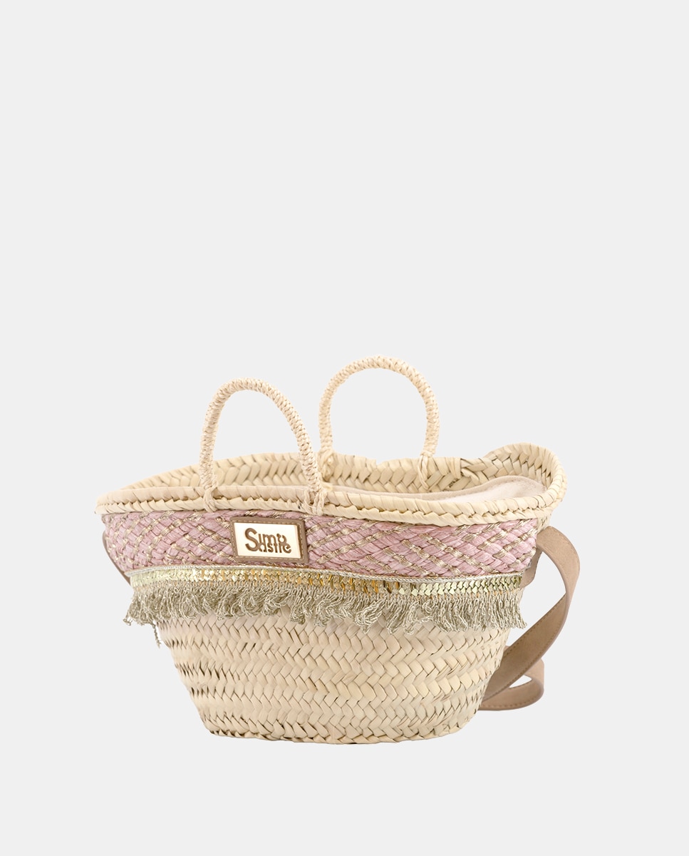 Cesta Pequena de 5 Voltas de Palma Natural Combinada com Franjas e Ráfia Rosa-2