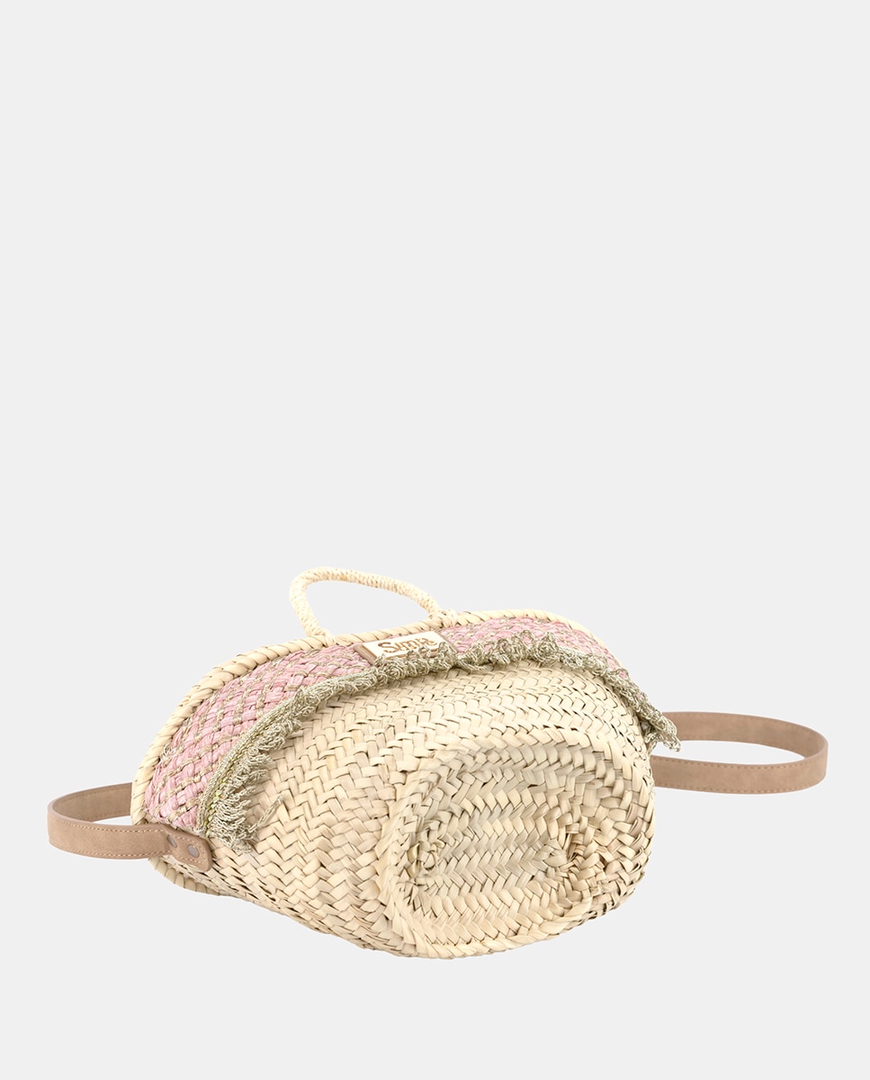 Cesta Pequena de 5 Voltas de Palma Natural Combinada com Franjas e Ráfia Rosa-3