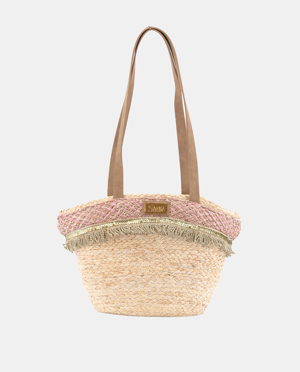Cesta Média de Folhas de Milho Combinada com Franjas e Ráfia Rosa-1