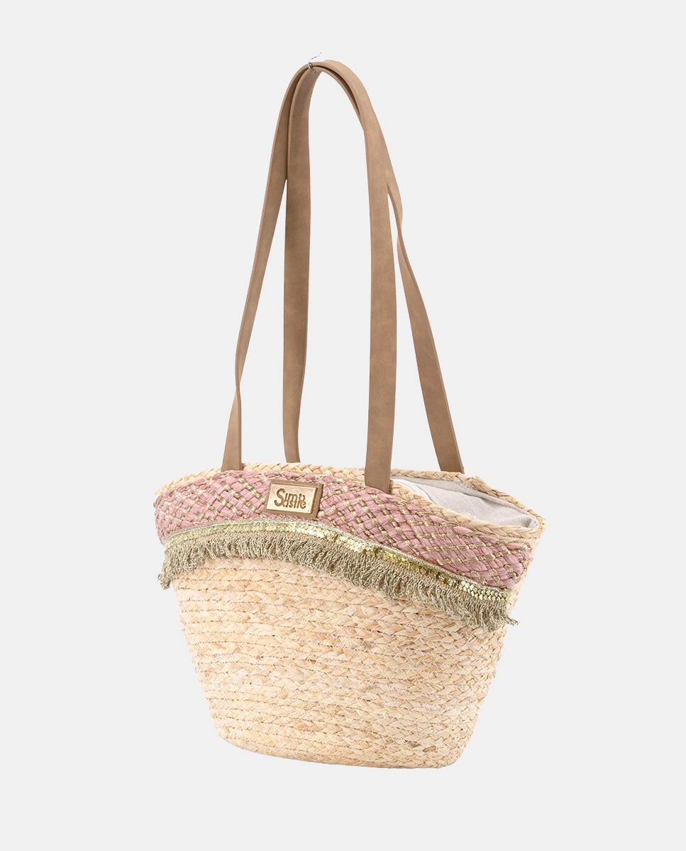 Cesta Média de Folhas de Milho Combinada com Franjas e Ráfia Rosa-2