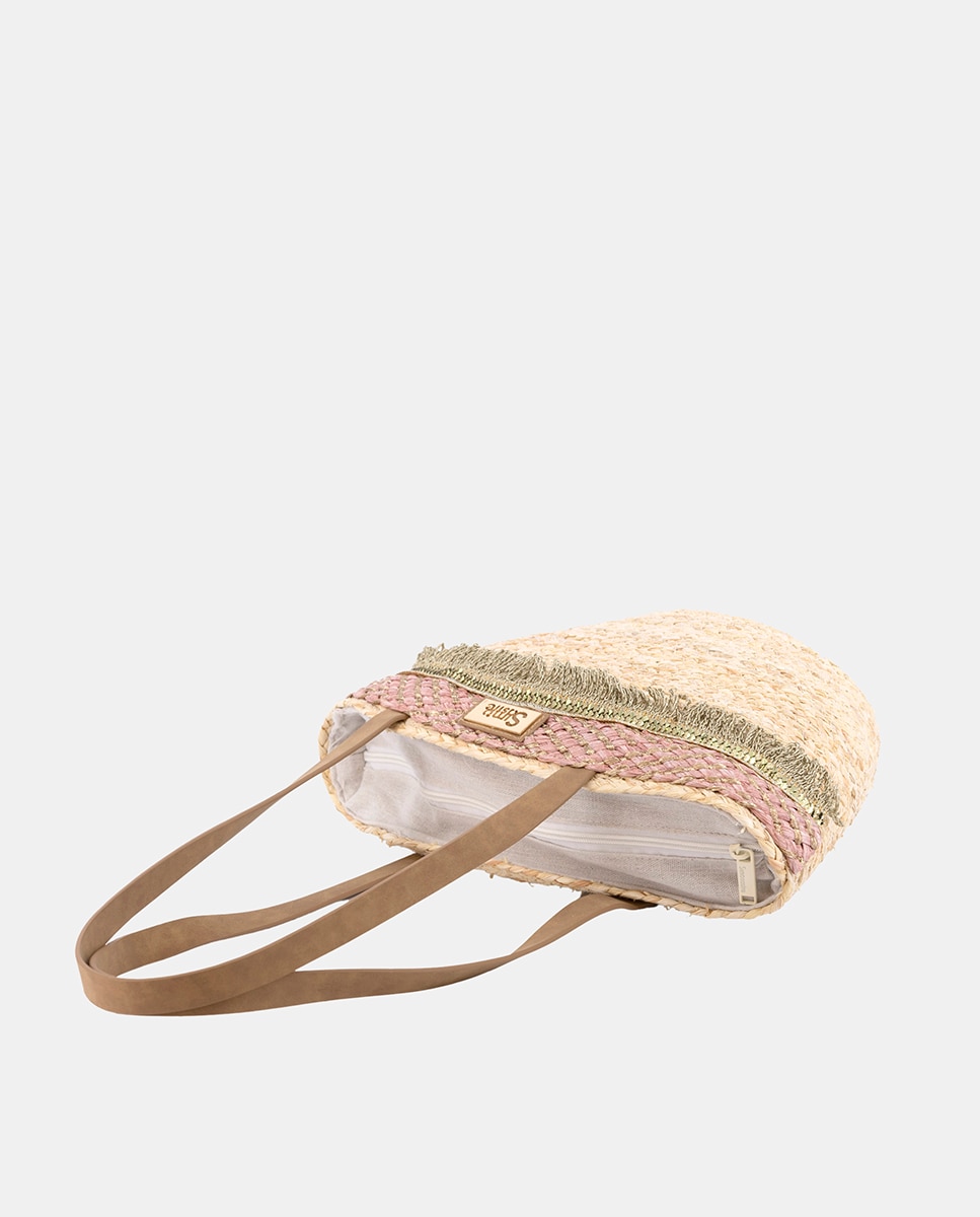 Cesta Média de Folhas de Milho Combinada com Franjas e Ráfia Rosa-3