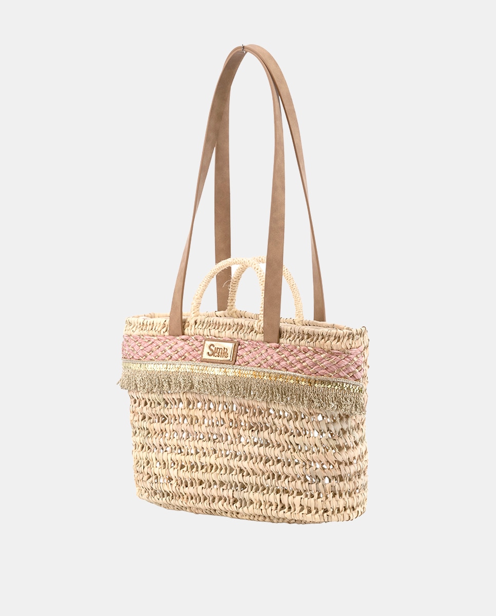 Mala Shopper de Palma Natural Atada e Combinada com Franjas e Ráfia Rosa-1