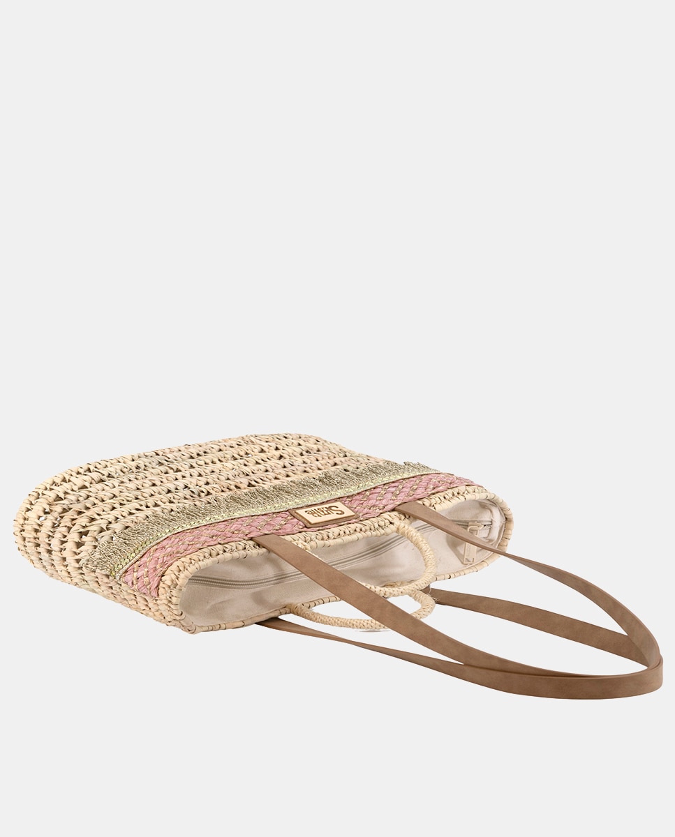 Mala Shopper de Palma Natural Atada e Combinada com Franjas e Ráfia Rosa-2