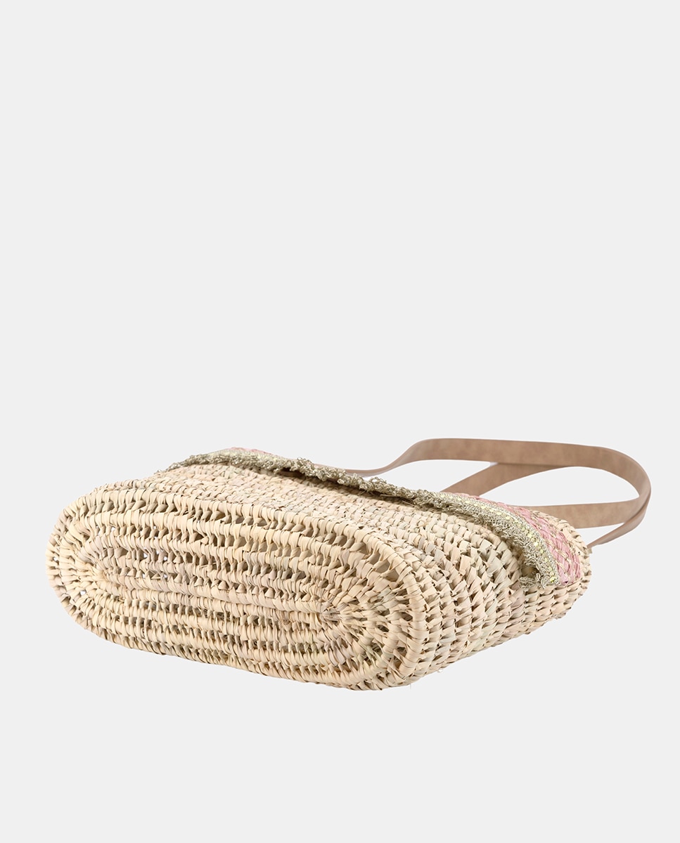 Mala Shopper de Palma Natural Atada e Combinada com Franjas e Ráfia Rosa-3