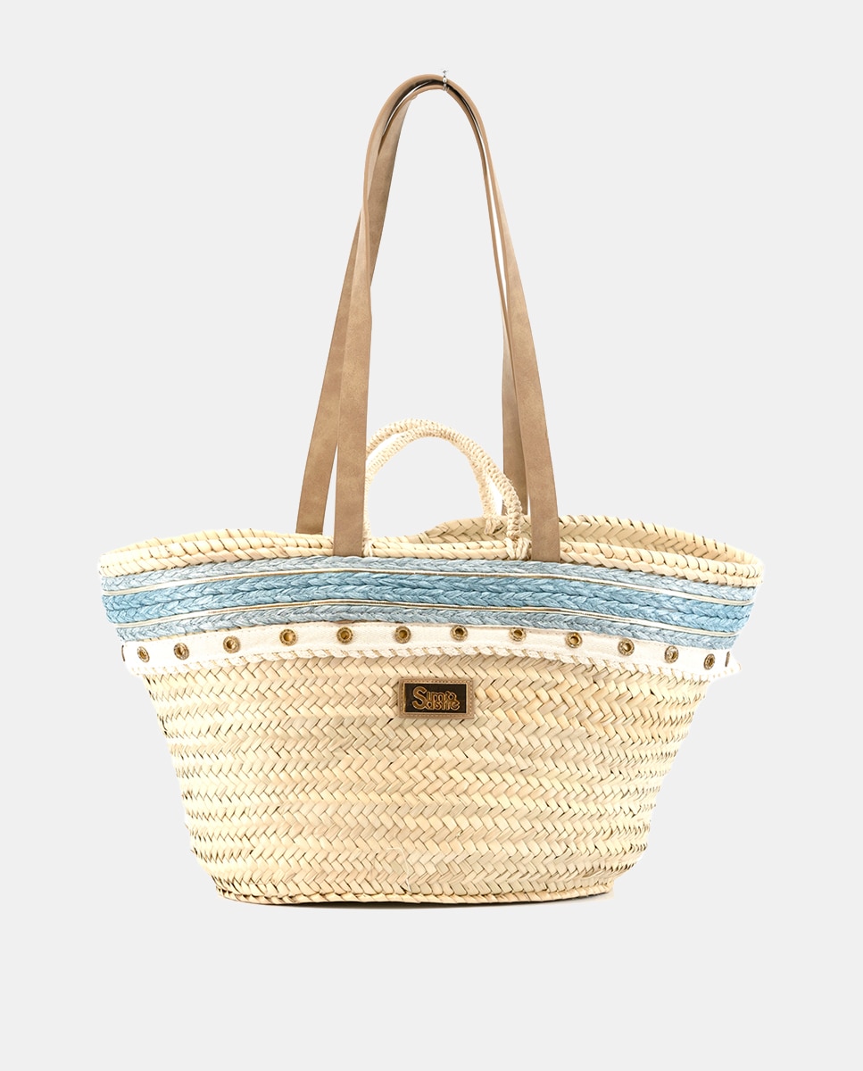 Cesta Grande de 10 Voltas de Palma Natural Combinada com Ilhós e Ráfia Azul-1