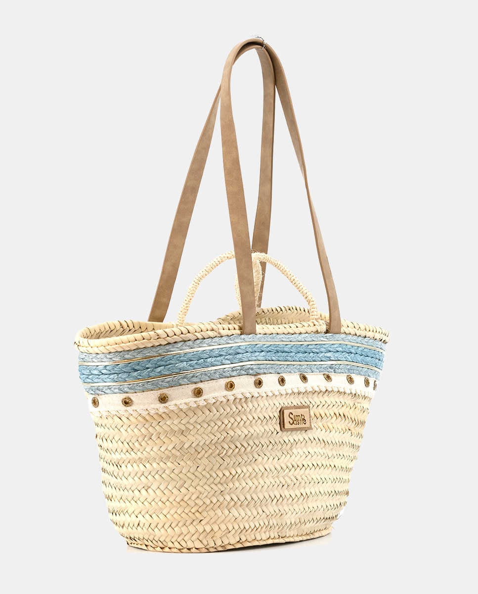 Cesta Grande de 10 Voltas de Palma Natural Combinada com Ilhós e Ráfia Azul-2