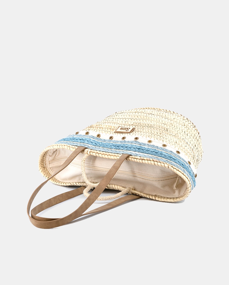 Cesta Grande de 10 Voltas de Palma Natural Combinada com Ilhós e Ráfia Azul-3