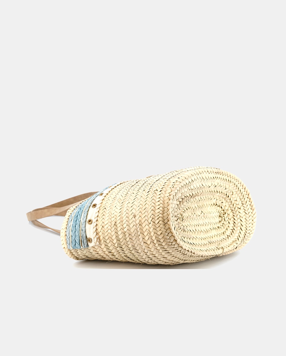Cesta Grande de 10 Voltas de Palma Natural Combinada com Ilhós e Ráfia Azul-4