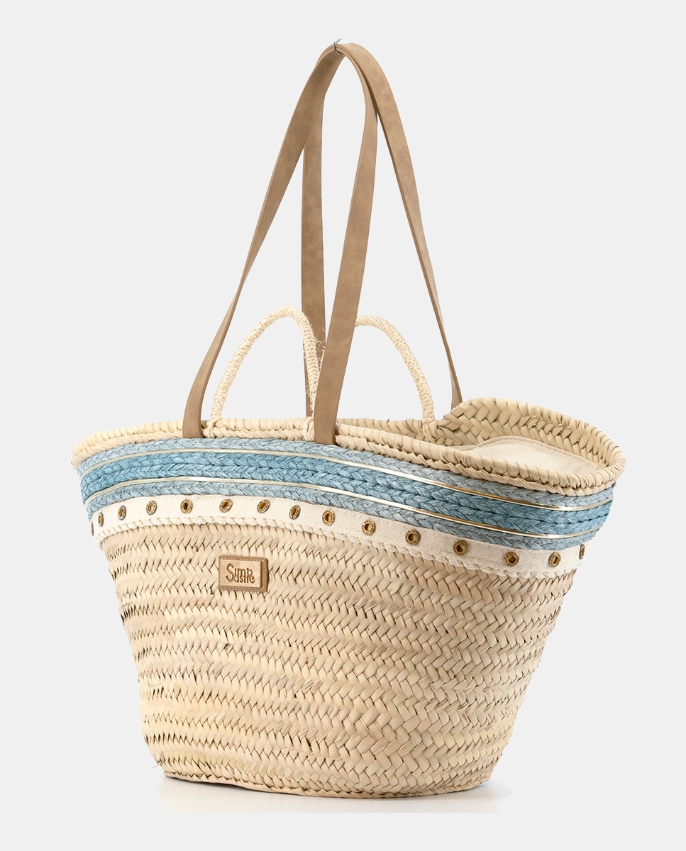Cesta Média de 8 Voltas de Palma Natural Combinada com Ilhós e Ráfia Azul-2