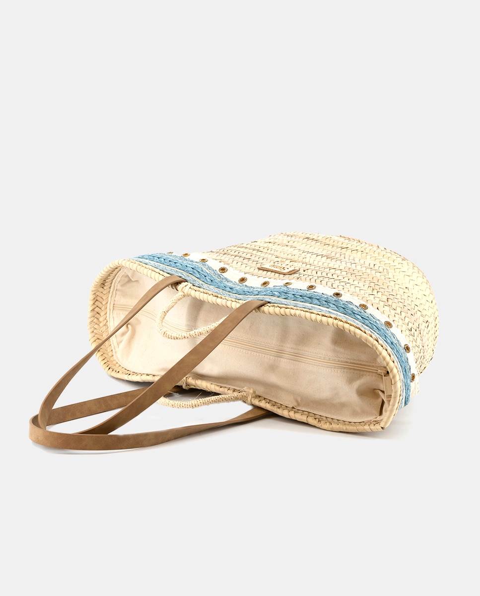 Cesta Média de 8 Voltas de Palma Natural Combinada com Ilhós e Ráfia Azul-3