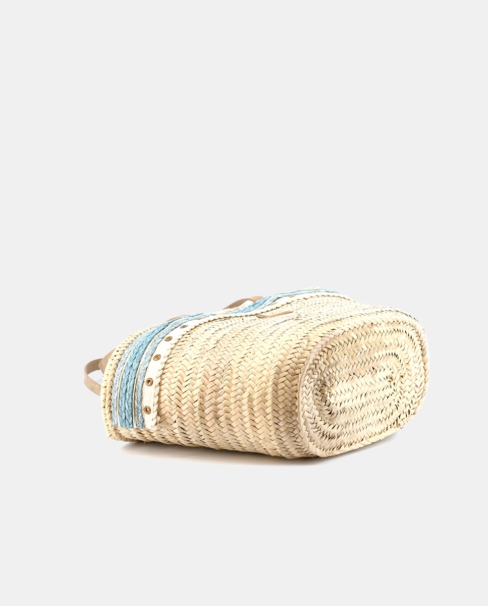 Cesta Média de 8 Voltas de Palma Natural Combinada com Ilhós e Ráfia Azul-4