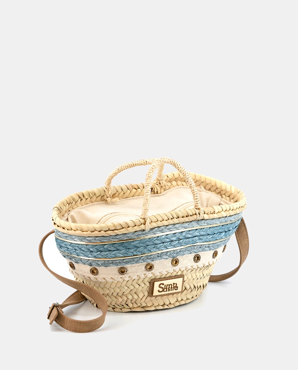 Cesta Pequena de 5 Voltas de Palma Natural Combinada com Ilhós e Ráfia Azul-1