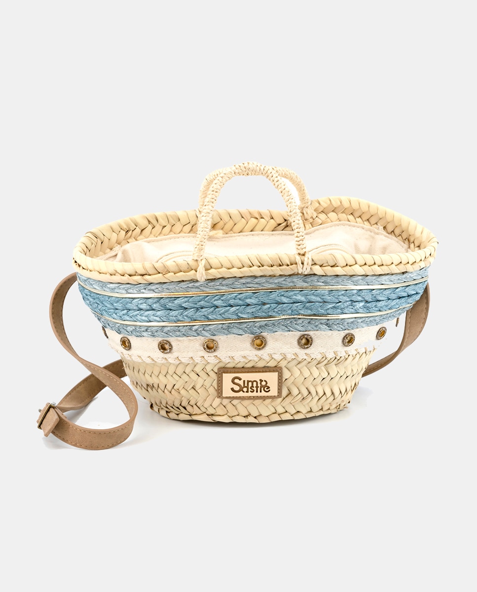 Cesta Pequena de 5 Voltas de Palma Natural Combinada com Ilhós e Ráfia Azul-2