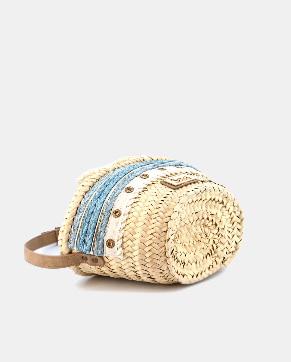 Cesta Pequena de 5 Voltas de Palma Natural Combinada com Ilhós e Ráfia Azul-3