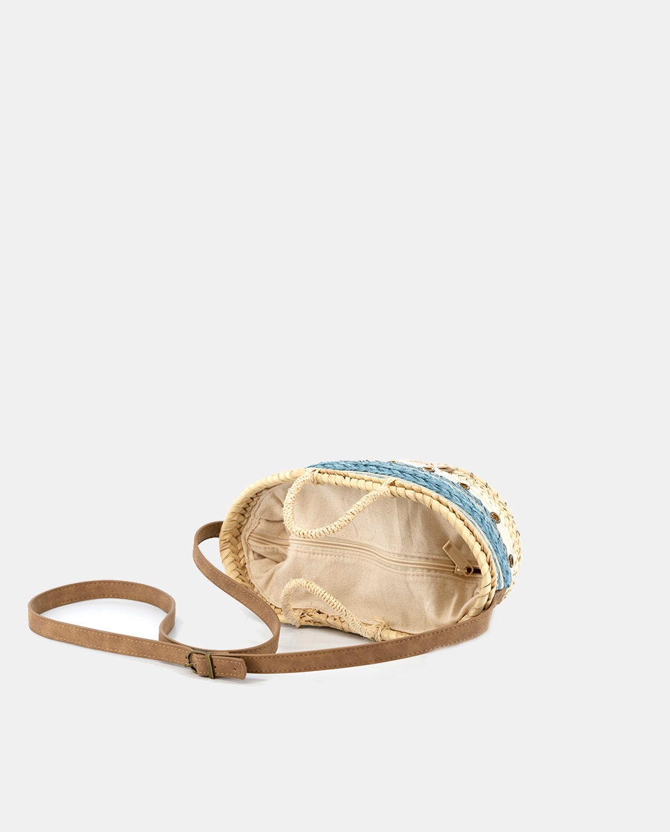 Cesta Pequena de 5 Voltas de Palma Natural Combinada com Ilhós e Ráfia Azul-4