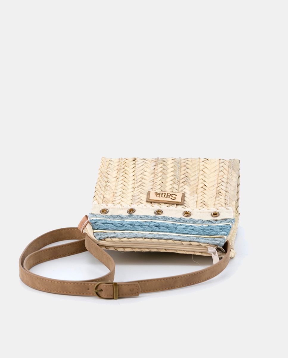 Mala Pequena de Palma Natural Cosida Combinada com Ilhós e Ráfia Azul-3